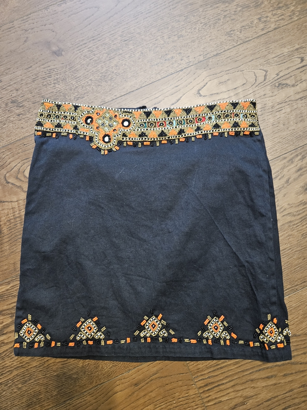 Vintage Embroidered Black Mini Skirt with Orange Accent